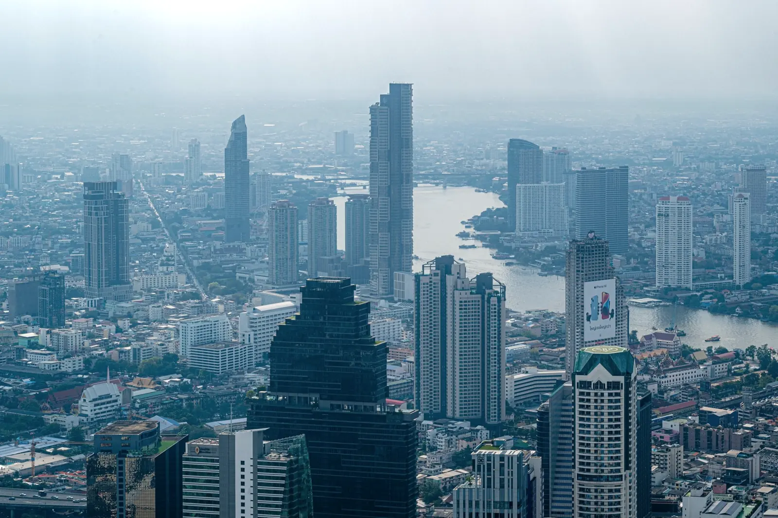 Bangkok skyline and the Chao Phraya river from above