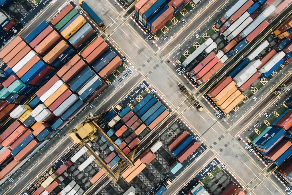Container stacks in a terminal, seen from directly above